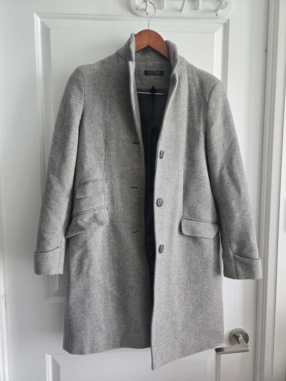 Lauren Ralph Lauren Light Gray Wool-Blend Stand Collar Pea Coat